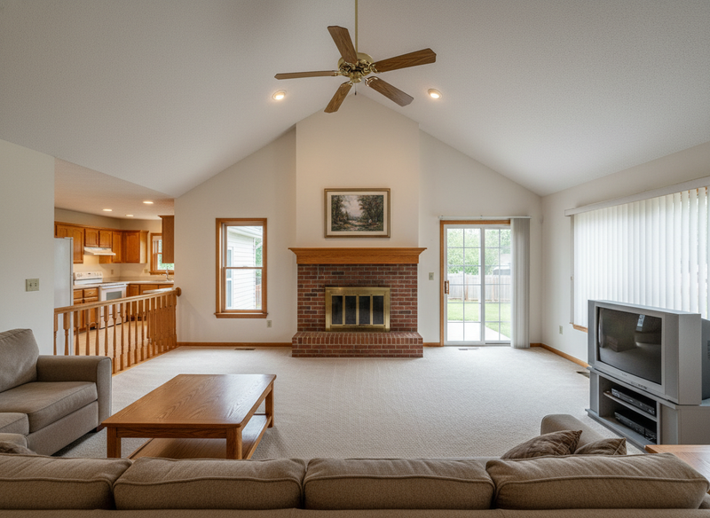 1990s great room with vaulted ceiling, brass ceiling fan, brick fireplace, neutral beige carpet, oak railings, sliding glass door with vertical blinds, and open concept to kitchen